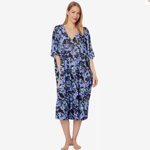 Natori Jakarta Slinky Knit Caftan Woman 2X Plus Blue Floral Mumu Resortwear FLAW